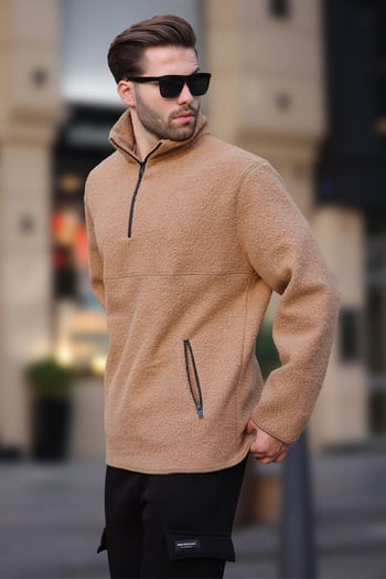 Bej Dik Yaka Yarım Fermuarlı Buklet Sweatshirt 7084