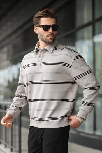 Boyalı Gri Çizgili Polo Yaka Erkek Sweatshirt E7172