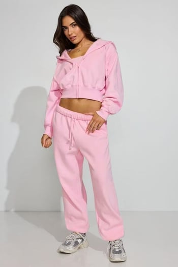 Pembe Crop Kapşonlu Fermuarlı Kadın Sweatshirt MG2608