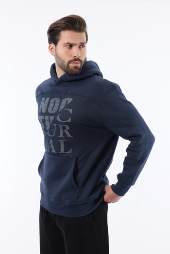 Lacivert Baskılı Kapüşonlu Cep Detaylı Erkek Sweatshirt 7062