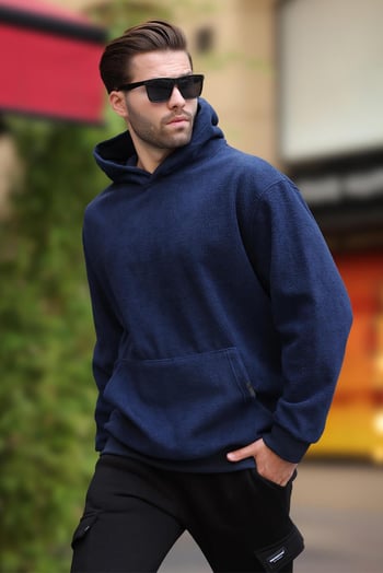 Lacivert Kapüşonlu Cep Detaylı Polar Erkek Sweatshirt 7093