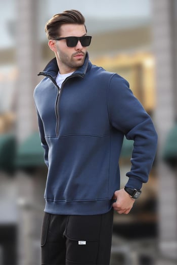 Lacivert Dik Yaka Yarım Fermuarlı Sweatshirt 7079