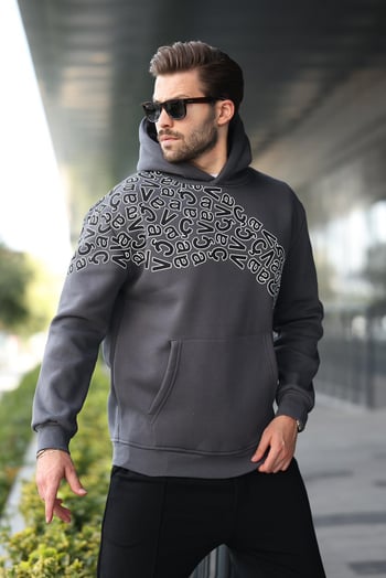 Füme Baskılı Kapüşonlu Erkek Sweatshirt E7160