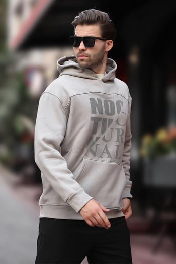 Boyalı Gri Baskılı Kapüşonlu Cep Detaylı Erkek Sweatshirt 7062