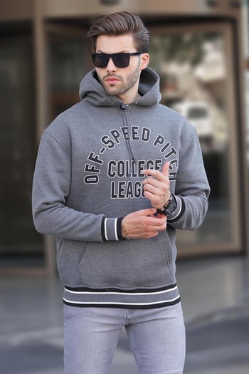 Antrasit Kapüşonlu Cep Detaylı Baskılı Erkek Sweatshirt 7068