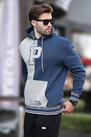Lacivert Renk Bloklu Kapüşonlu Baskılı Erkek Sweatshirt 7078