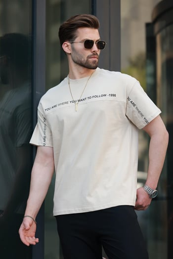 Bej Bisiklet Yaka Baskılı Basic Tişört E7156
