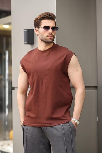 Acı Kahve Kolsuz %100 Pamuklu Basic Erkek T-shirt E7137