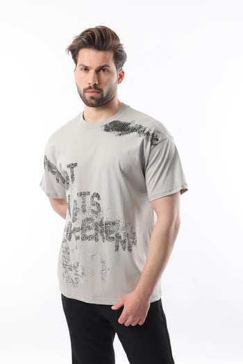 Boyalı Gri Baskılı Erkek T-shirt E7115