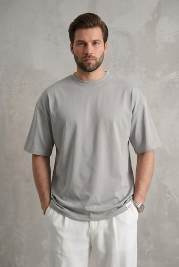 Erkek Boyalı Gri Oversize Fit Basic Tişört 6066
