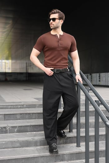Acı Kahverengi Yarım Düğmeli Slim Fit Erkek Tişört E7186