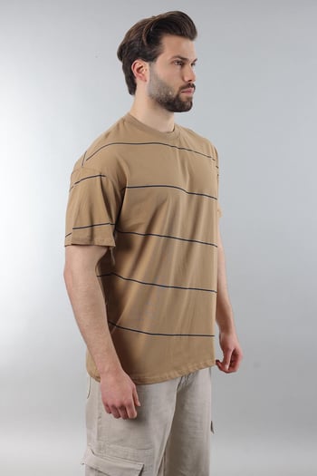 Kapuçino Bisiklet Yaka Basic Çizgili Erkek T-shirt E7102