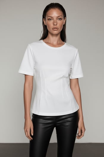 Beyaz  Kadın Bisiklet Yaka Belden Oturtmalı Basic Tişört MG2670
