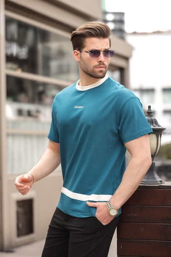 Petrol Mavisi Baskılı %100 Pamuklu  Erkek T-shirt E7135
