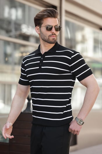 Siyah Çizgili Polo Yaka Triko Erkek T-shirt E7405