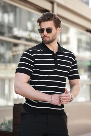 Siyah Çizgili Polo Yaka Triko Erkek T-shirt E7405