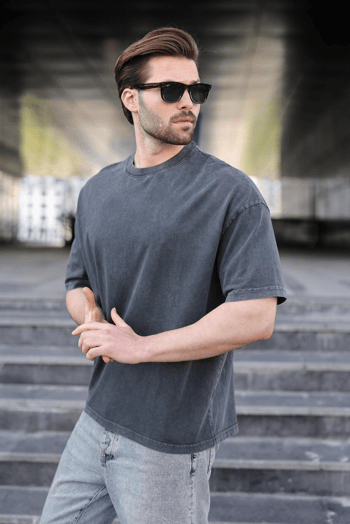 Siyah %100 Pamuklu Oversize Erkek Tişört E7178