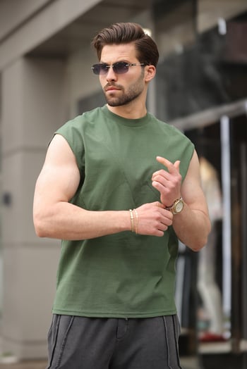 Haki Kolsuz %100 Pamuklu Basic Erkek T-shirt E7137