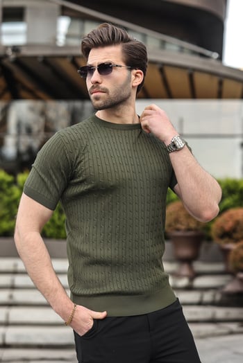 Haki Bisiklet Yaka Triko Erkek Tişört E7468