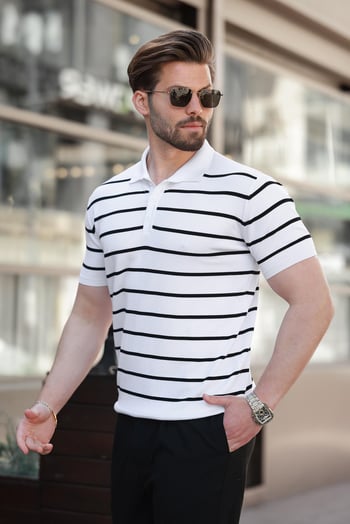 Beyaz Çizgili Polo Yaka Triko Erkek T-shirt E7405
