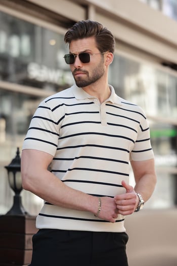 Bej Çizgili Polo Yaka Triko Erkek T-shirt E7405