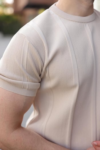 Taş Rengi Regular Fit Bisiklet Yaka Fitilli Triko Erkek Tişört E7490