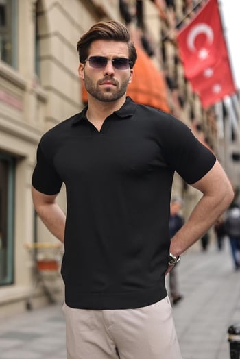 Siyah Polo Yaka Triko Kısa Kollu Erkek Tişört E7463