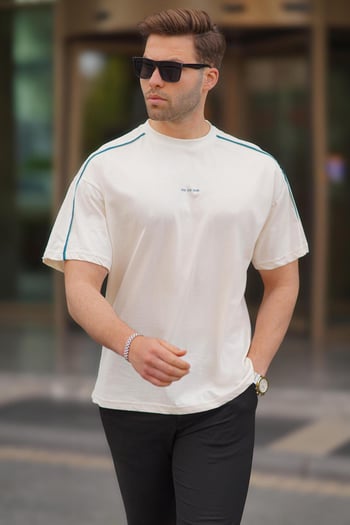 Ekru Oversize Bisiklet Yaka Tişört 7009