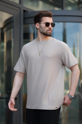 Bej Basic Bisiklet Yaka Erkek Tişört E7133