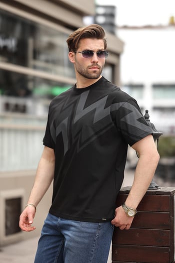 Siyah Baskılı %100 Pamuk Erkek T-shirt E7111