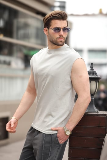Boyalı Gri Kolsuz %100 Pamuklu Basic Erkek T-shirt E7137