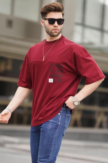 Bordo Oversize Baskılı Erkek Tişört 6193
