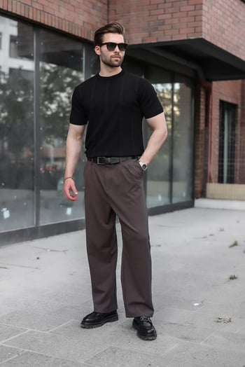 Siyah Regular Fit Bisiklet Yaka Fitilli Triko Erkek Tişört E7490