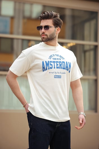 Madmext Ekru Baskılı Erkek Tişört E7124