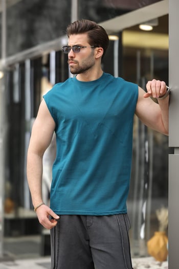 Petrol Mavisi Kolsuz %100 Pamuklu Basic Erkek T-shirt E7137