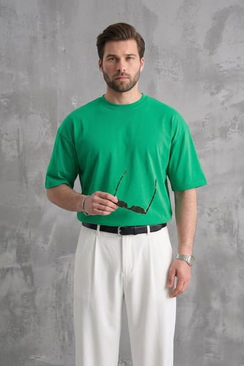 Erkek Parlak Yeşil Oversize Fit Basic Tişört 6066
