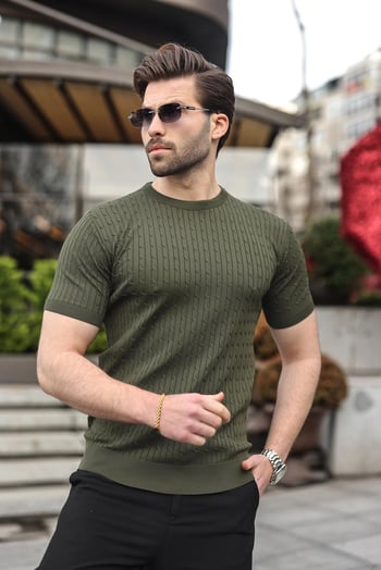 Haki Bisiklet Yaka Triko Erkek Tişört E7468