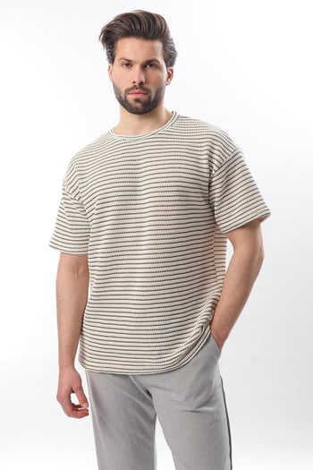 Haki Bisiklet Yaka Pamuklu Çizgili Erkek T-shirt E7121
