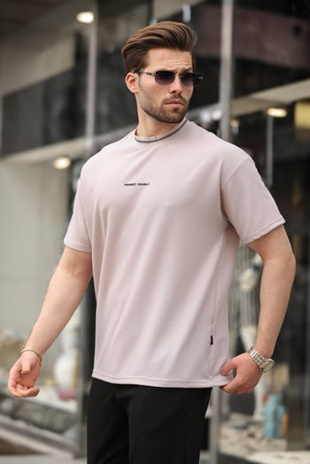 Bej Nakış Detaylı Basic Erkek T-shirt E7106
