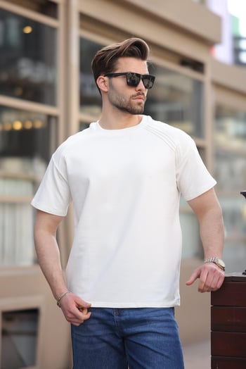 Ekru Bisiklet Yaka Basic Erkek T-shirt E7138