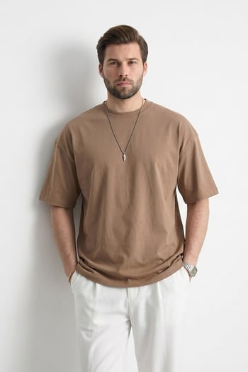 Erkek Kapuçino Oversize Fit Basic Tişört 6066