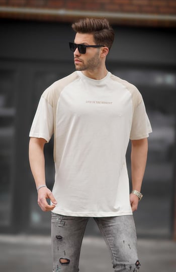 Ekru Bisiklet Yaka Oversize Tişört 7002