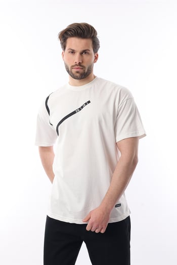 Ekru Bisiklet Yaka Şerit Detaylı Pamuklu Erkek T-shirt E7033