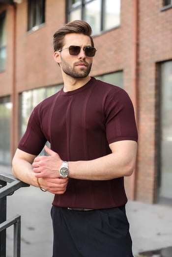Mürdüm Regular Fit Bisiklet Yaka Fitilli Triko Erkek Tişört E7490