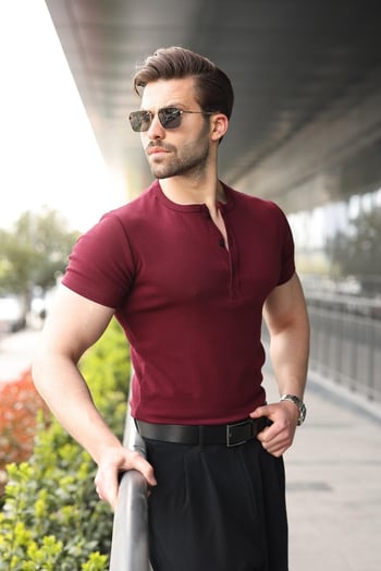 Bordo Yarım Düğmeli Slim Fit Erkek Tişört E7186