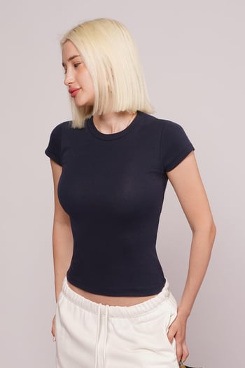 Lacivert Bisiklet Yaka Basic Kadın T-shirt Mg2479
