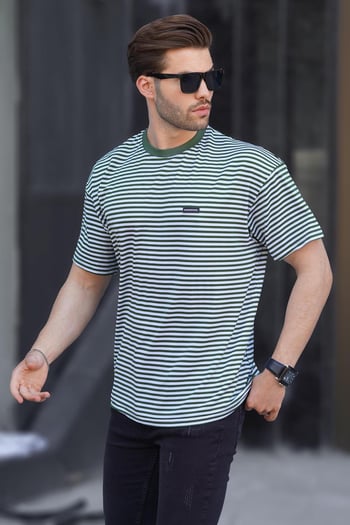 Haki Bisiklet Yaka Çizgili Kısa Kollu Arma Detaylı Erkek T-shirt 7031