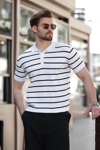 Beyaz Çizgili Polo Yaka Triko Erkek T-shirt E7405