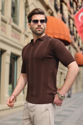 Kahverengi Polo Yaka Triko Erkek Tişört E7469