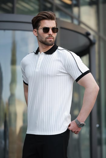 Ekru Desenli Polo Yaka Triko Erkek Tişört E7155